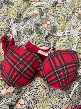 Victoria's Secret Red Plaid Push-Up Bra with Branded Straps